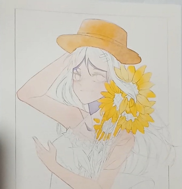Watercolor painting step by step - Drawing a girl with sunflowers - Image 5