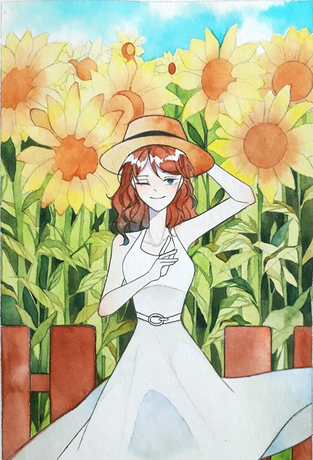 Hoa hướng dương, vẽ cô gái, tranh anime, màu nước