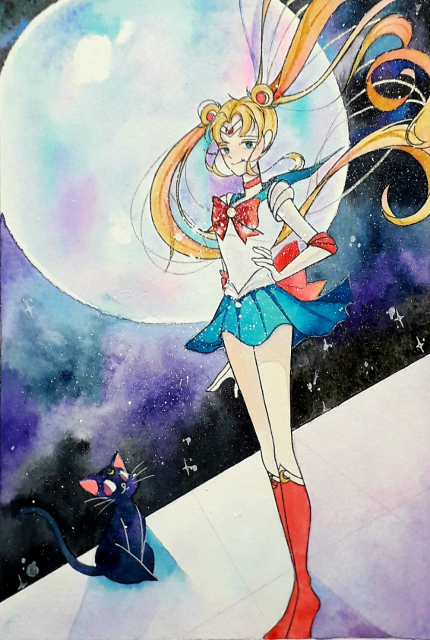 vẽ tranh anime, Thủy thủ mặt trăng, màu nước