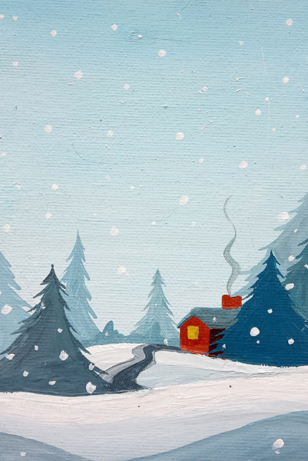 mùa đông, làng, canvas, gouache, vẽ tranh truyền thống